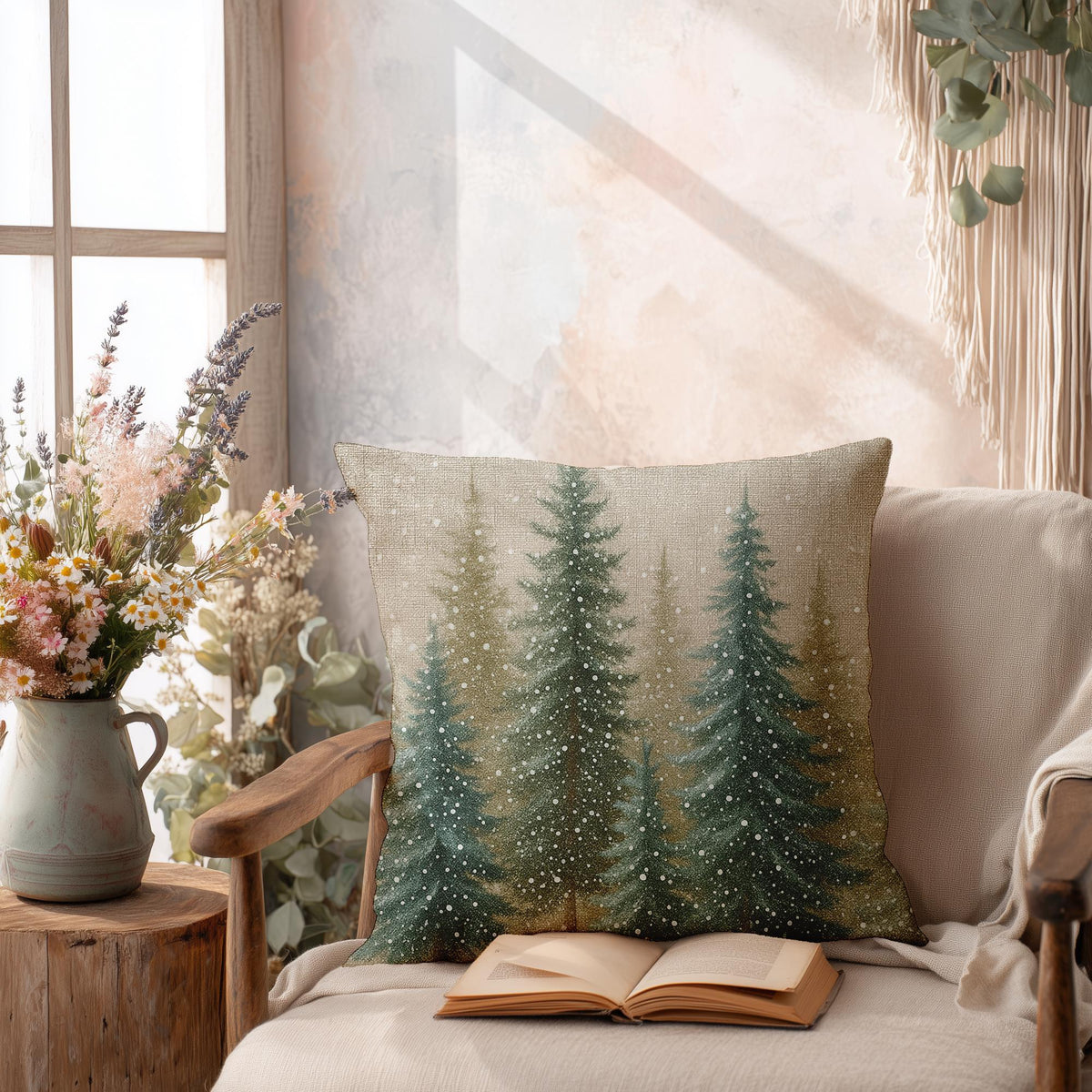 Nature Pillow Cover, Faux Suede Woodland Forest Cushion Double-Sided Pine Trees