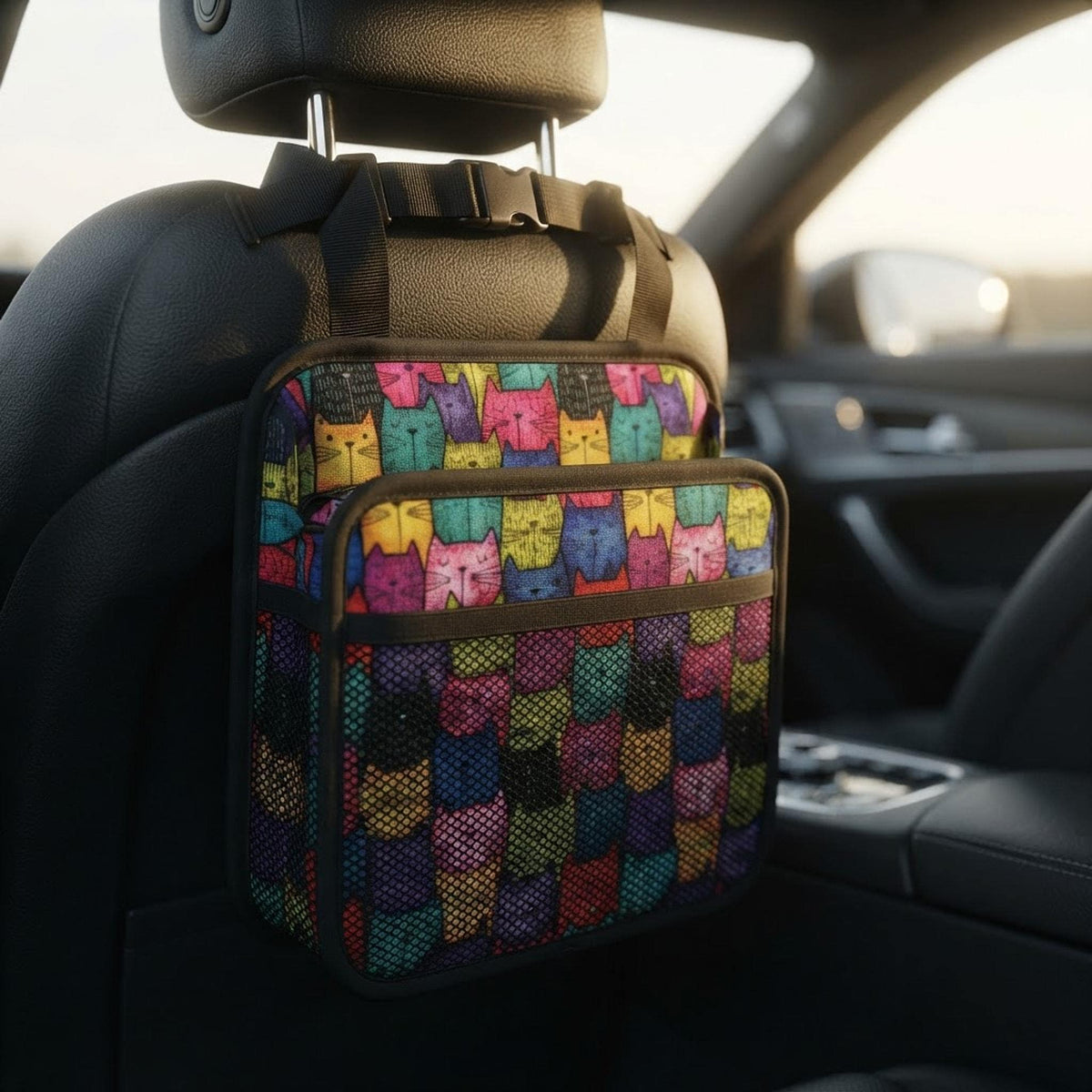 Car Seat Organizer, Colorful Retro Cat Print with PU Material and Mesh Pocket