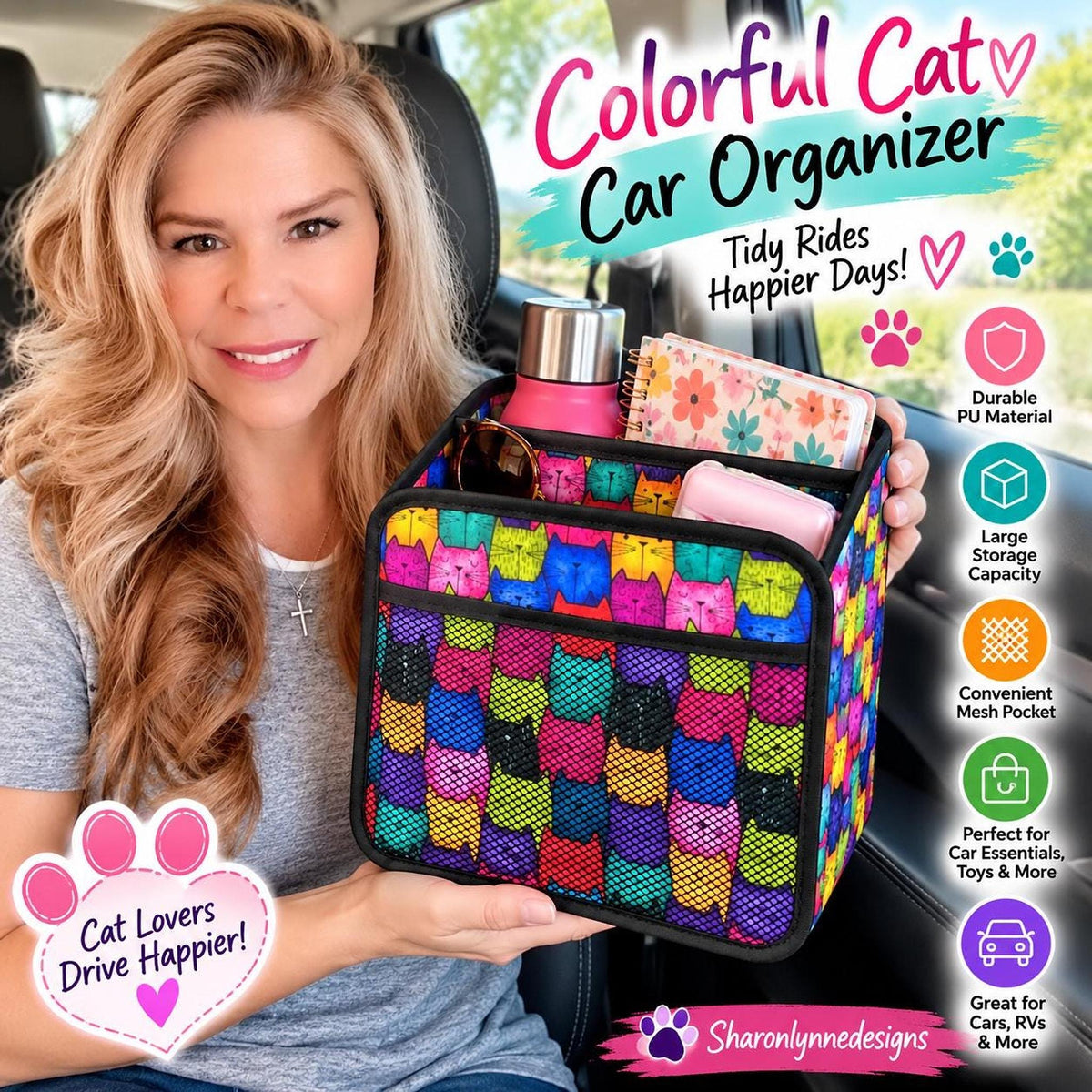Car Seat Organizer, Colorful Retro Cat Print with PU Material and Mesh Pocket