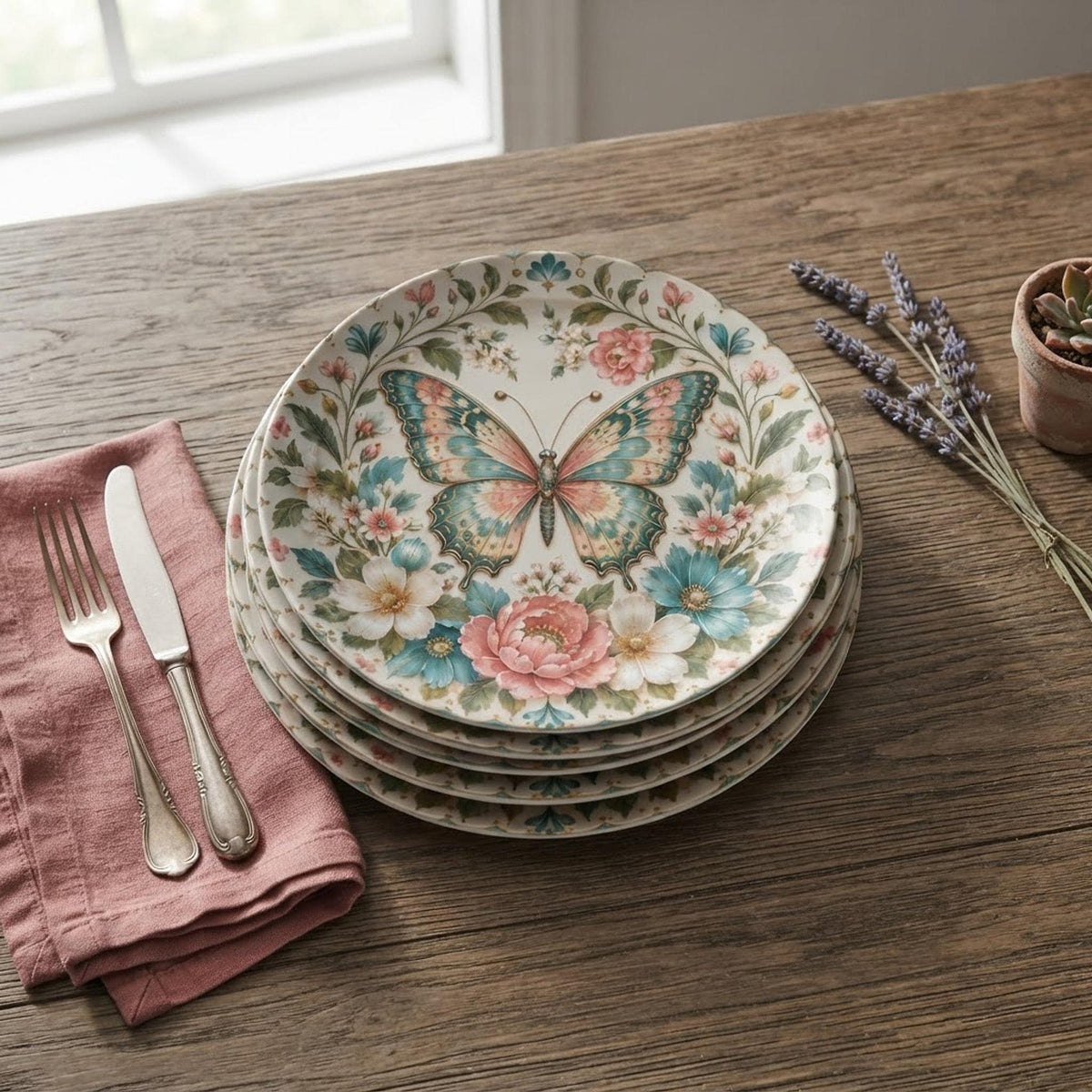Butterfly Plate, 10-Inch Floral Dinnerware, Vintage-Inspired Polymer Made in USA
