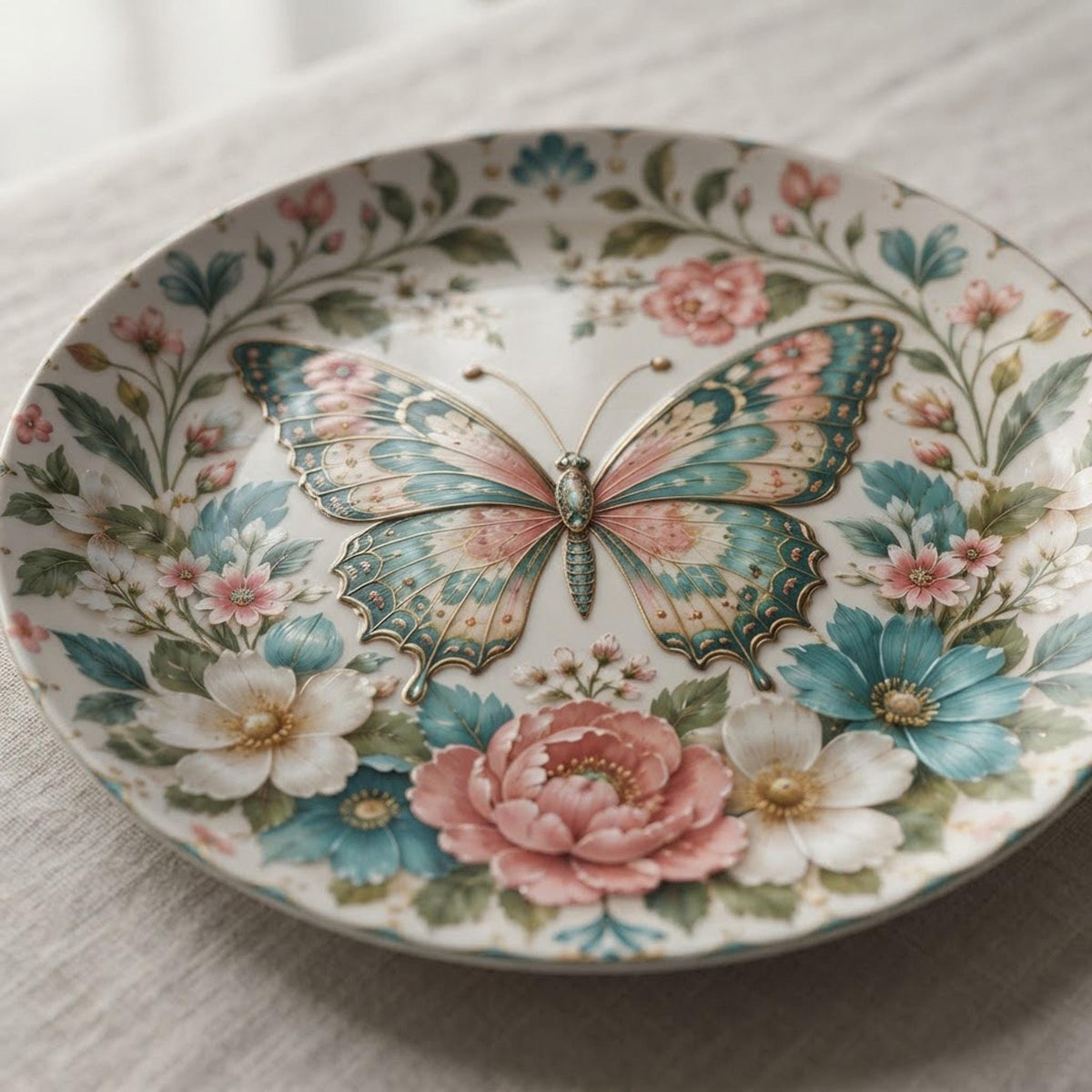 Butterfly Plate, 10-Inch Floral Dinnerware, Vintage-Inspired Polymer Made in USA