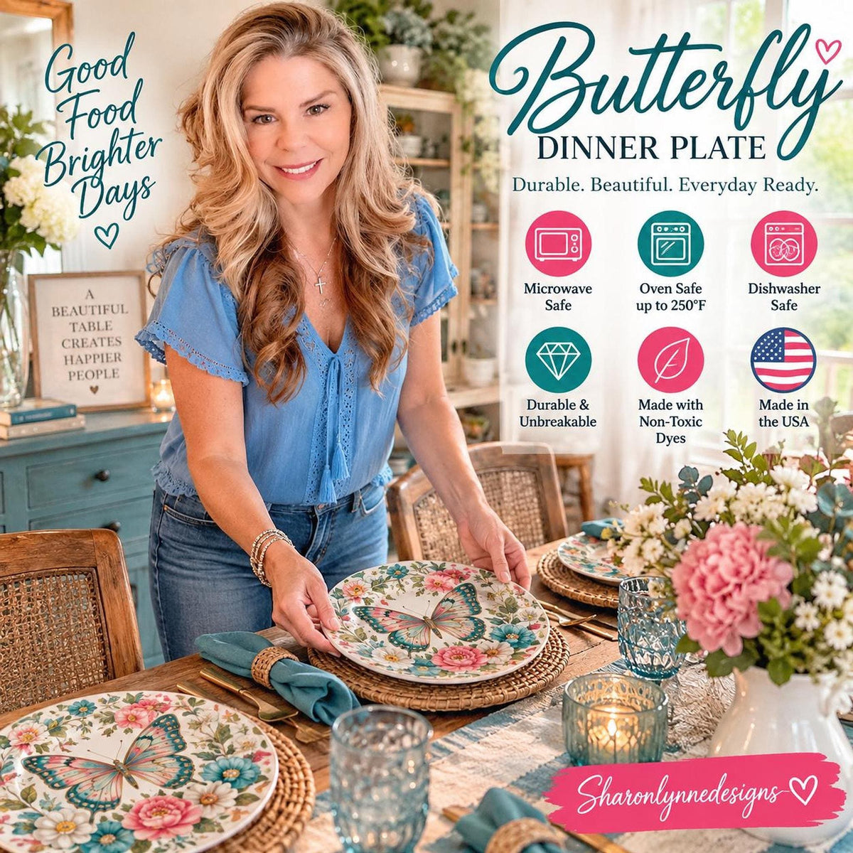 Butterfly Plate, 10-Inch Floral Dinnerware, Vintage-Inspired Polymer Made in USA