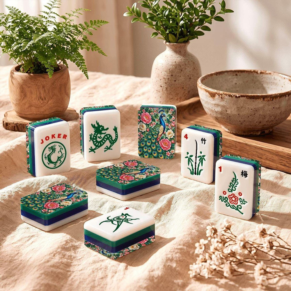 Peacock American Mahjong Tile Set, 166-Piece 4-Layer Acrylic Design