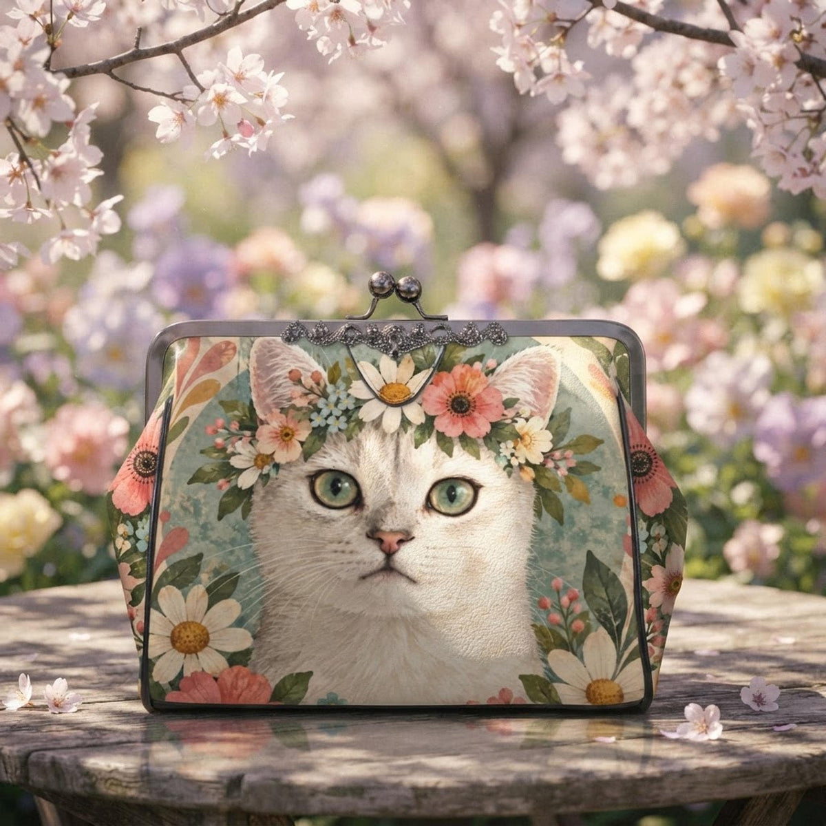 Kiss Lock Handbag, Waxed PU Leather Floral Cat Design, Removable Shoulder Strap