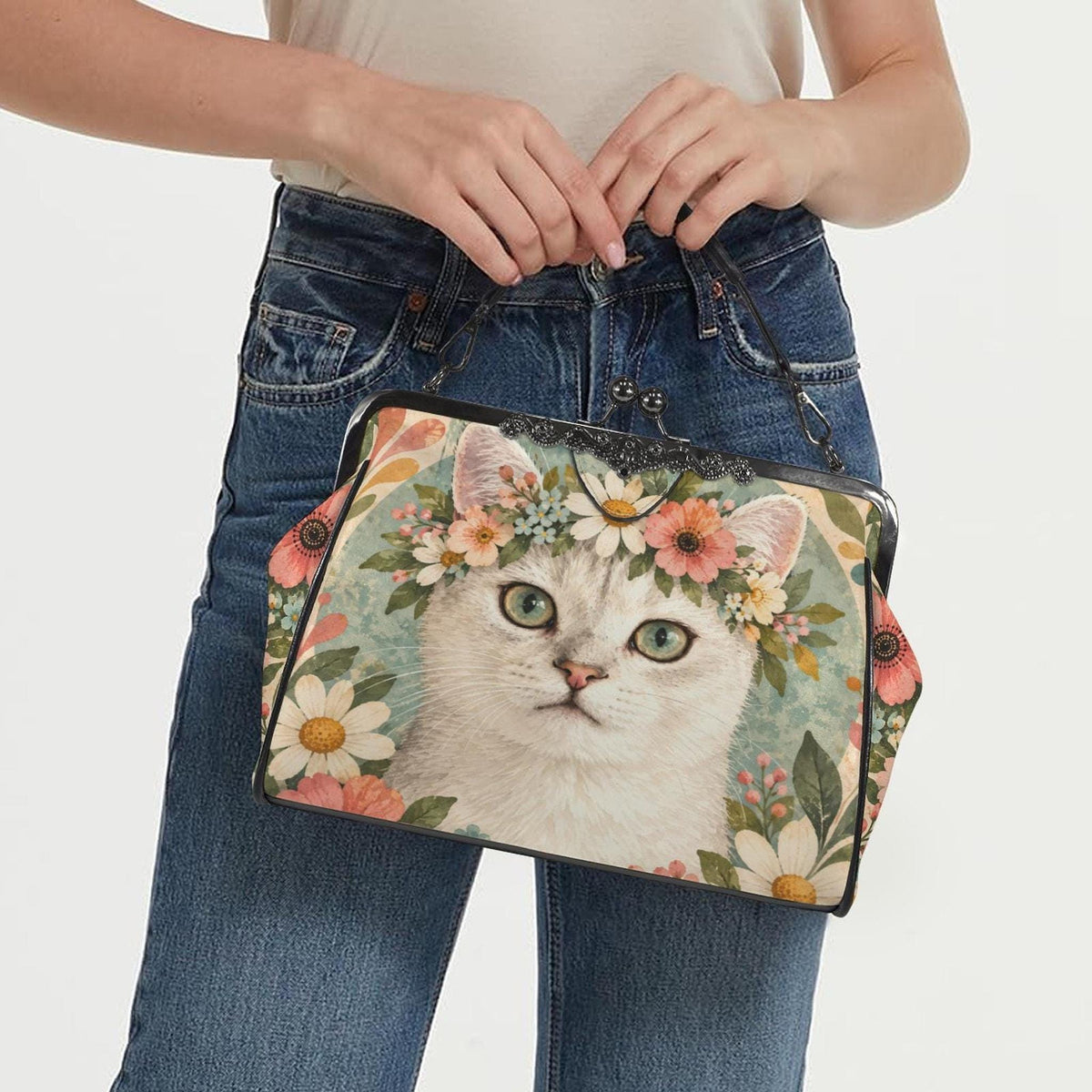 Kiss Lock Handbag, Waxed PU Leather Floral Cat Design, Removable Shoulder Strap