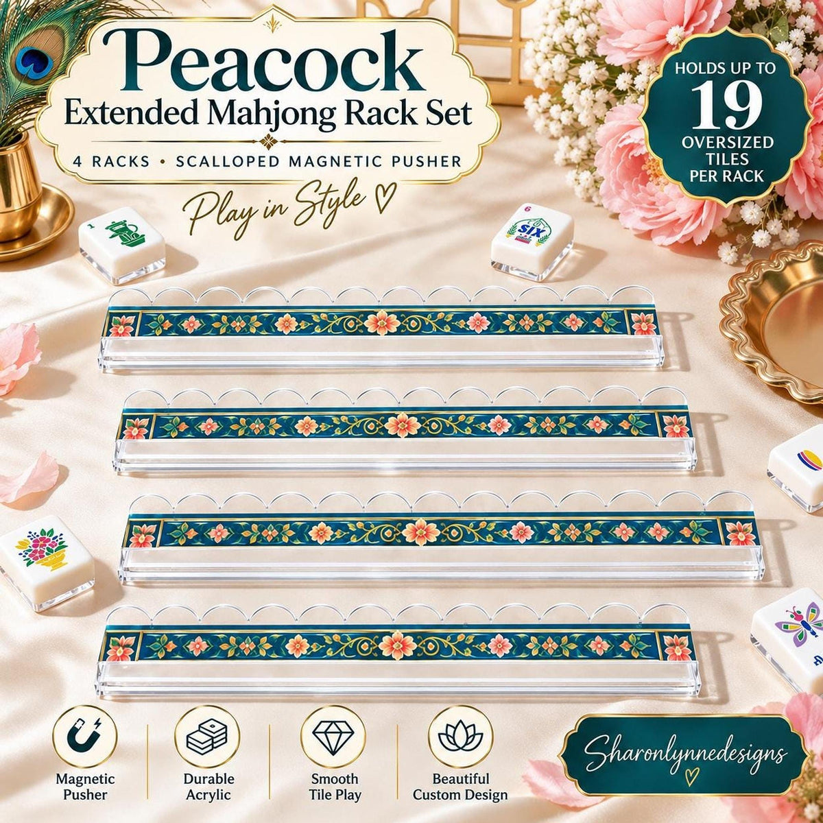 Peacock Extended Mahjong Rack Set of 4  Scalloped Magnetic Tile Pusher