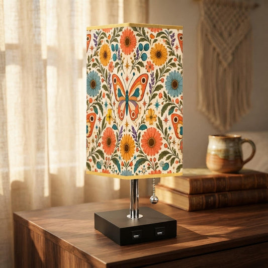 Butterfly Table Lamp, Linen Shade With Gold Trim, USB Ports And 16-Color LED