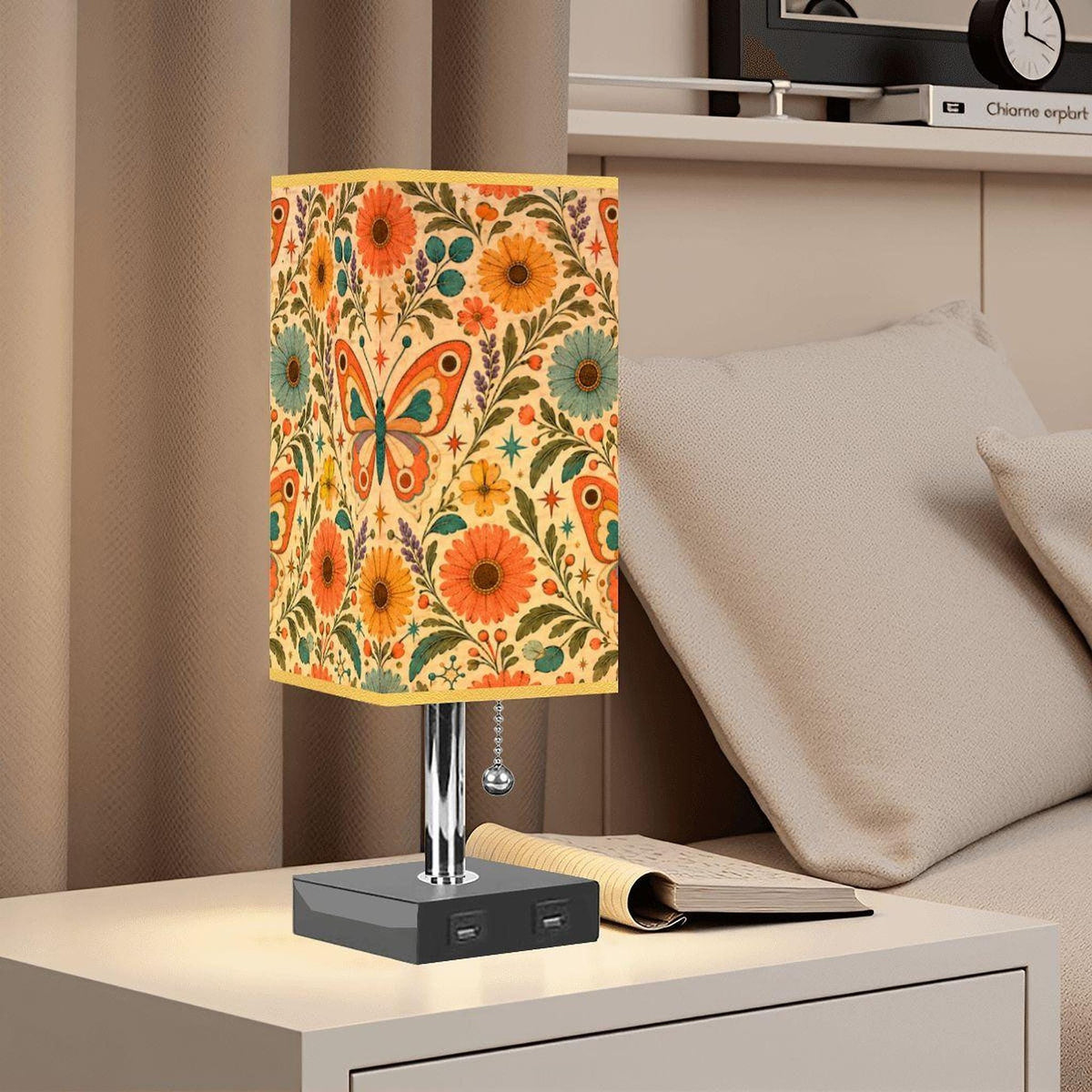 Butterfly Table Lamp, Linen Shade With Gold Trim, USB Ports And 16-Color LED