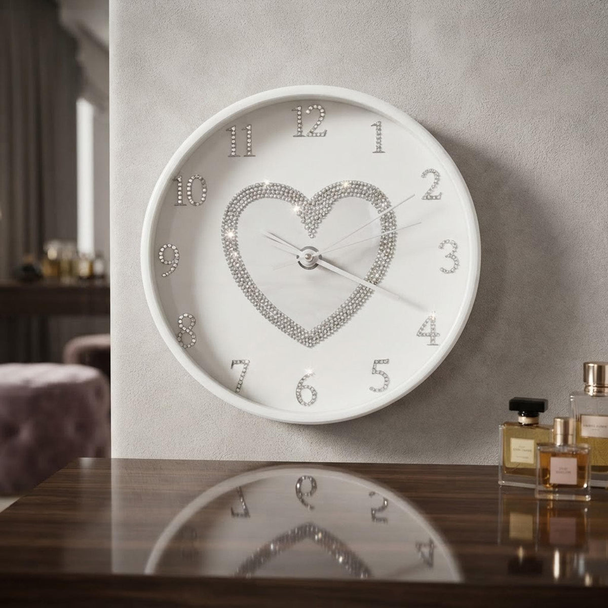 White Heart Wall Clock, 10-Inch Wood Frame with Rhinestone Bling