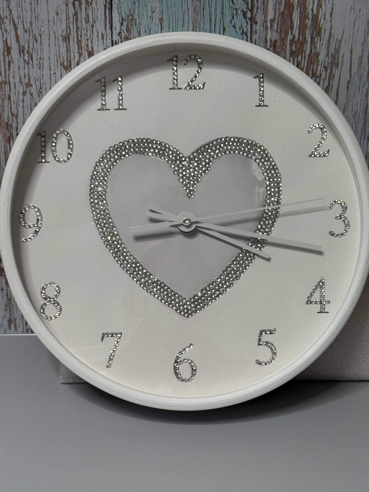 White Heart Wall Clock, 10-Inch Wood Frame with Rhinestone Bling