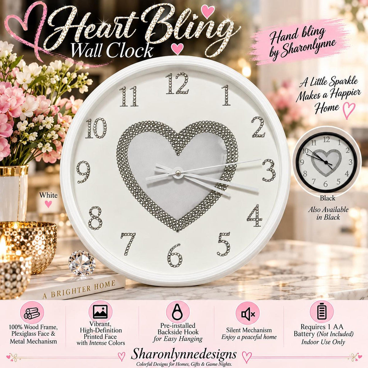 White Heart Wall Clock, 10-Inch Wood Frame with Rhinestone Bling