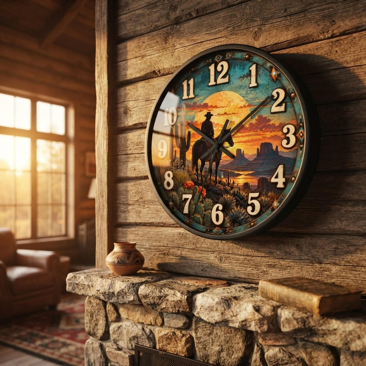 Western Wall Clock, Cowboy Sunset Scene with Plexiglass Face and Silent Sweep
