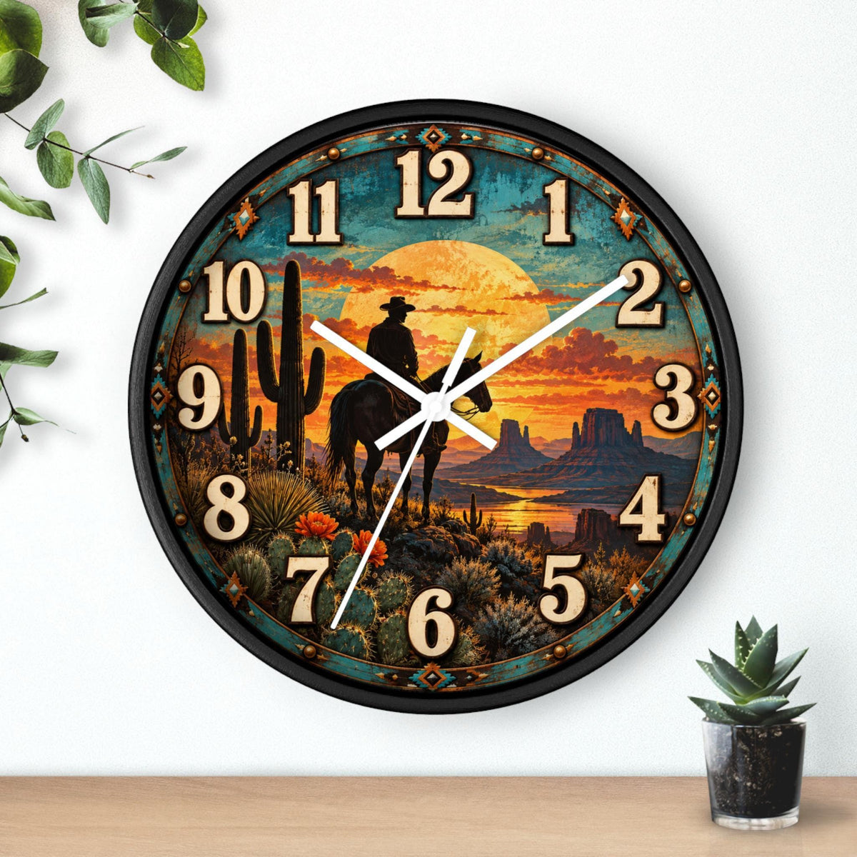 Western Wall Clock, Cowboy Sunset Scene with Plexiglass Face and Silent Sweep