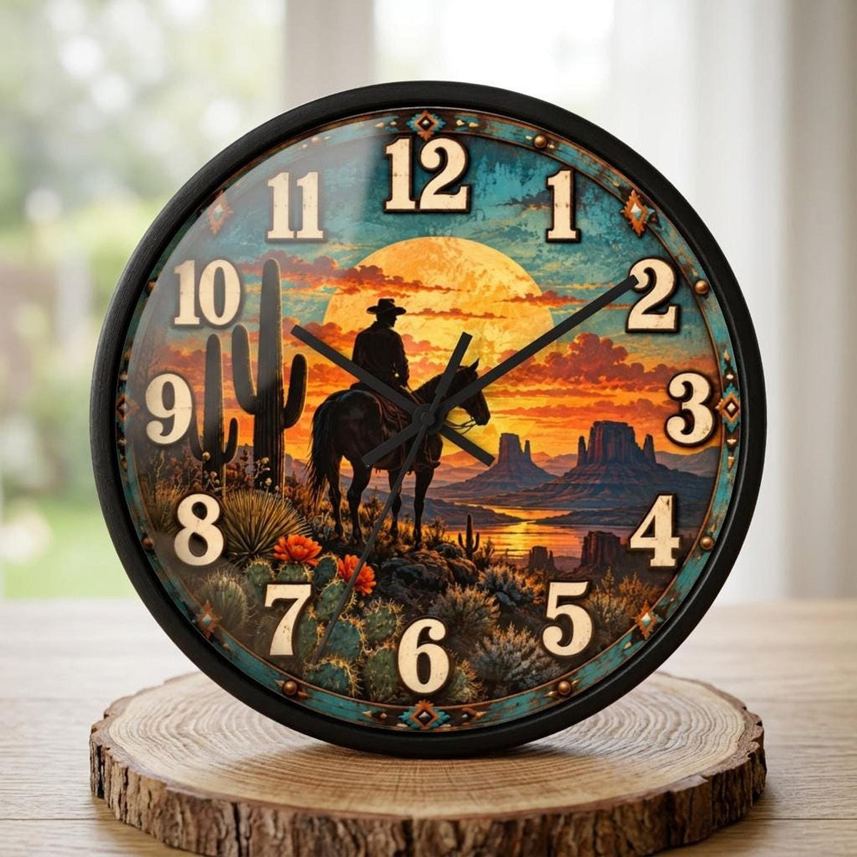 Western Wall Clock, Cowboy Sunset Scene with Plexiglass Face and Silent Sweep