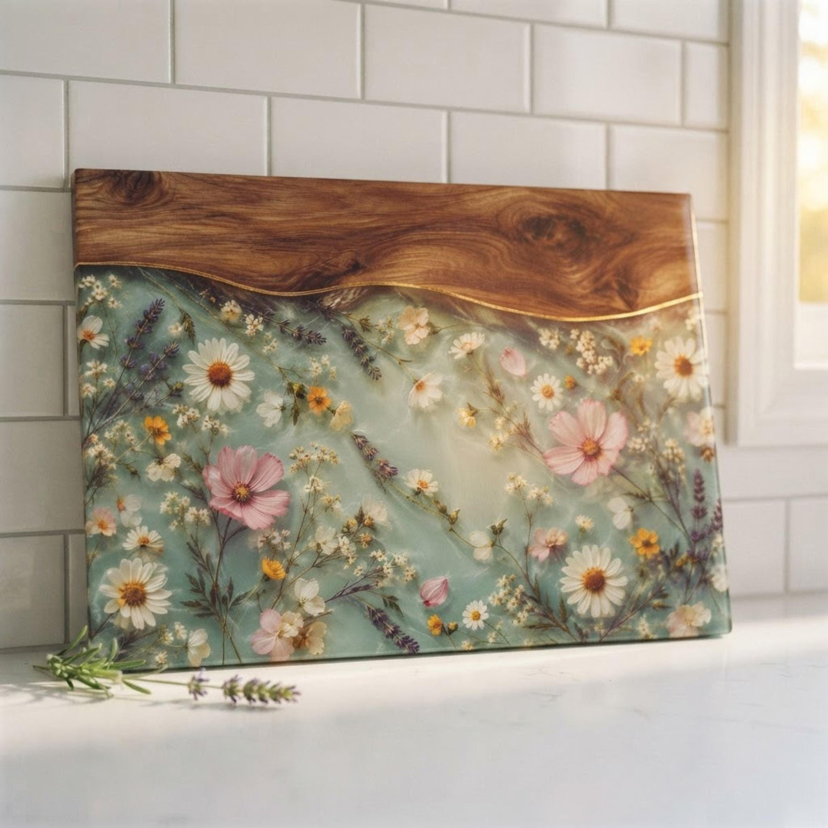 Daisy Meadow Floral Glass Cutting Board | Wildflower Resin Wood Edge