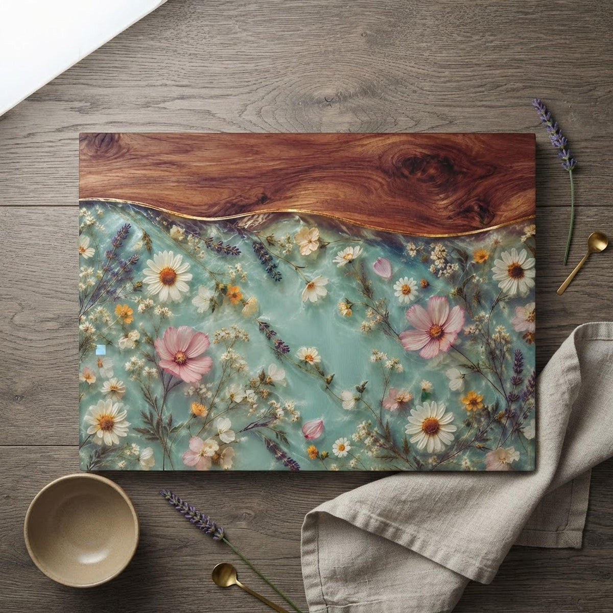 Daisy Meadow Floral Glass Cutting Board | Wildflower Resin Wood Edge