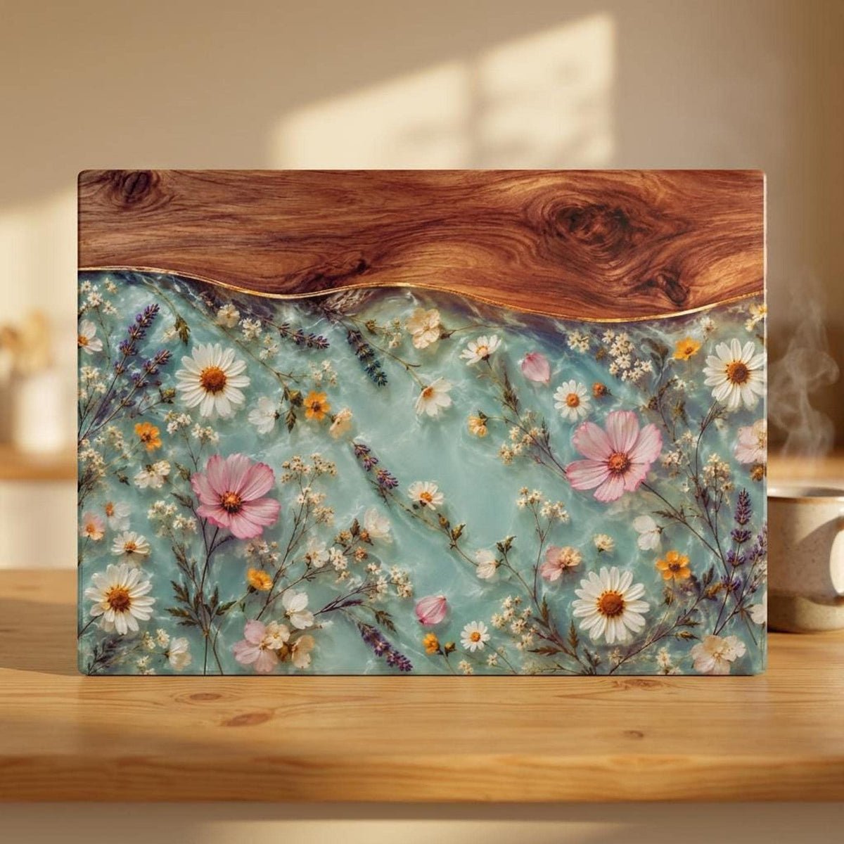 Daisy Meadow Floral Glass Cutting Board | Wildflower Resin Wood Edge