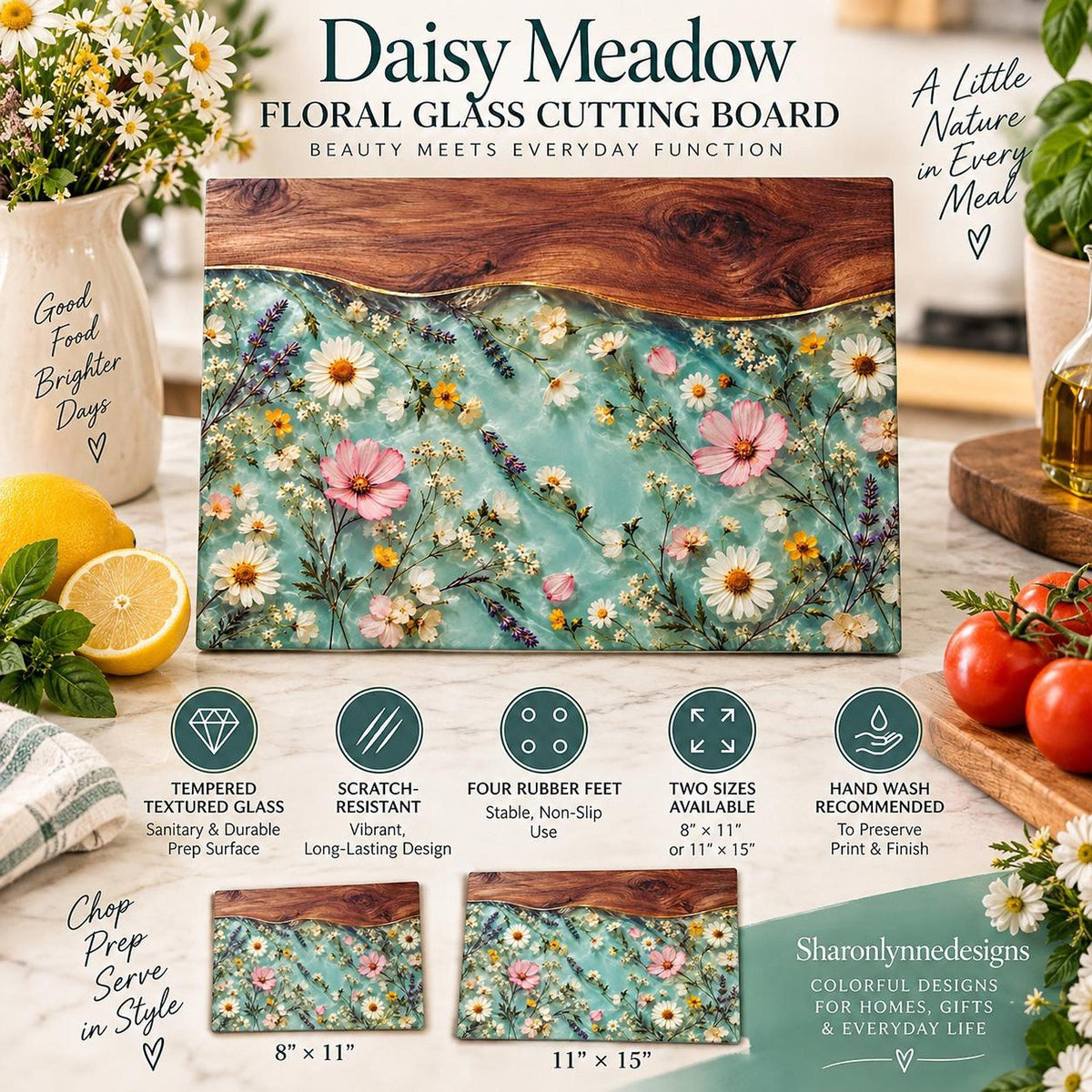 Daisy Meadow Floral Glass Cutting Board | Wildflower Resin Wood Edge