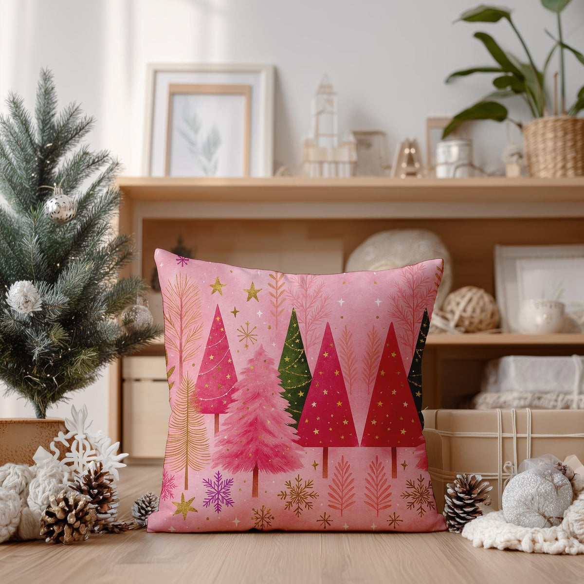 Square Pillowcase, Pink Christmas Tree Faux Suede Cover with Double-Sided Print