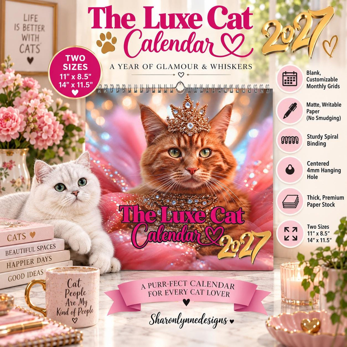 Cat Wall Calendar, Monthly Spiral Wire Binding with Writable Matte Grids