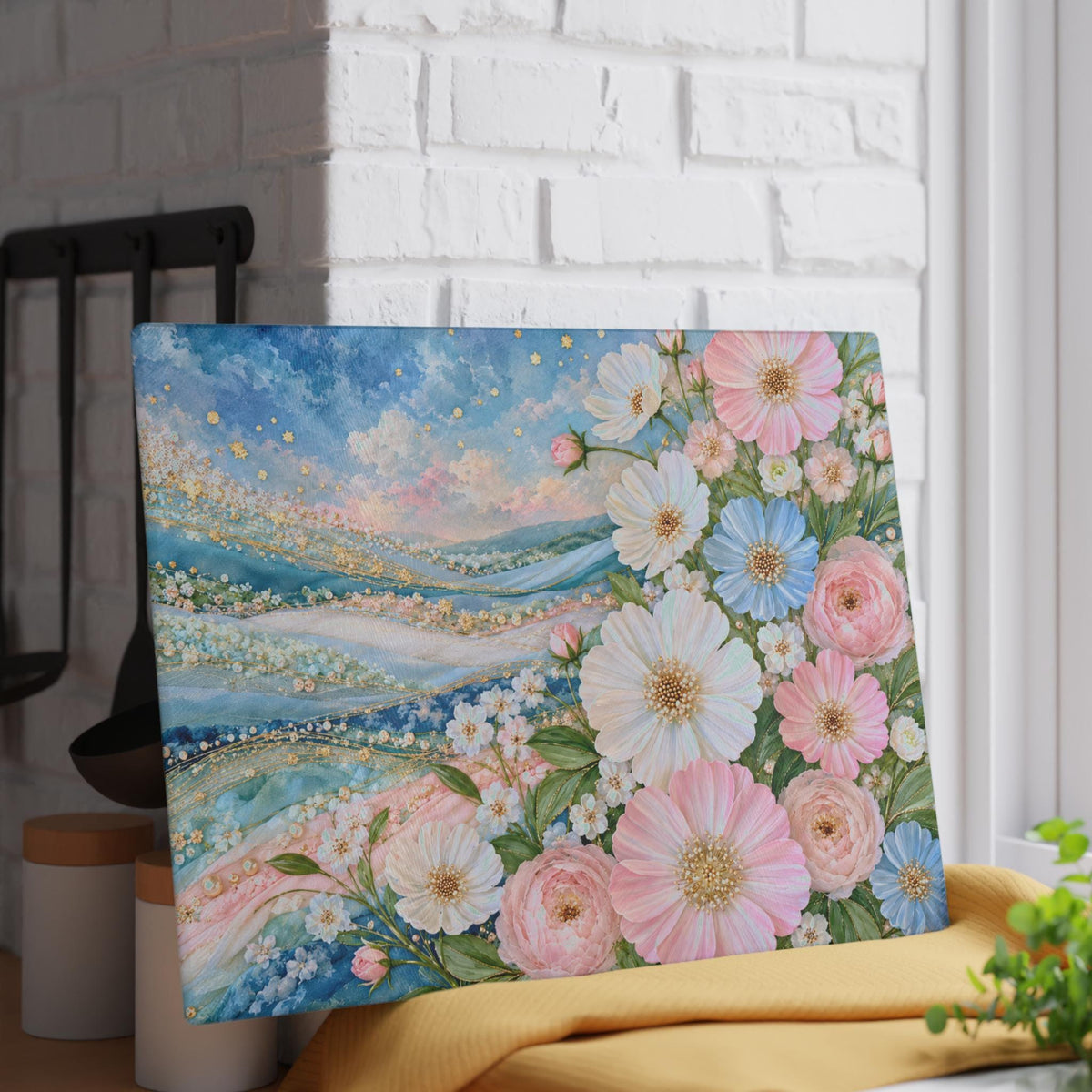 Pastel Floral Glass Cutting Board, Tempered Surface in Two Sizes