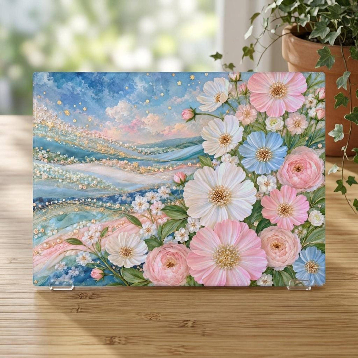 Pastel Floral Glass Cutting Board, Tempered Surface in Two Sizes