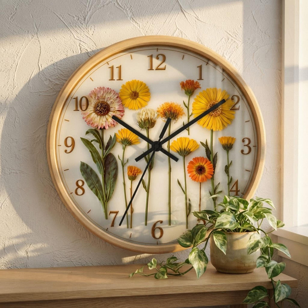 Pressed Yellow Flowers Wall Clock | Floral Botanical Home Decor
