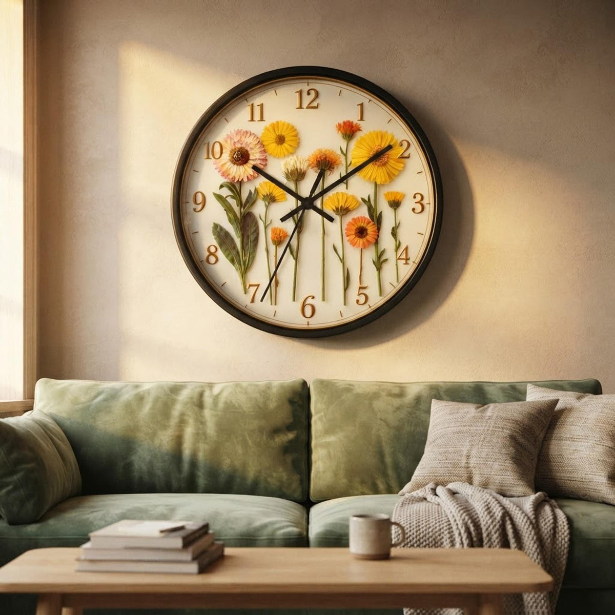 Pressed Yellow Flowers Wall Clock | Floral Botanical Home Decor