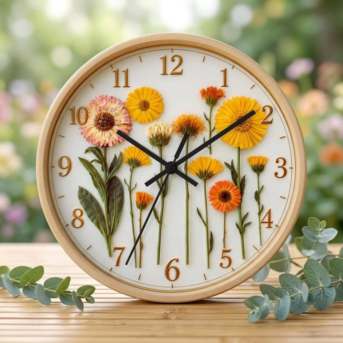 Pressed Yellow Flowers Wall Clock | Floral Botanical Home Decor