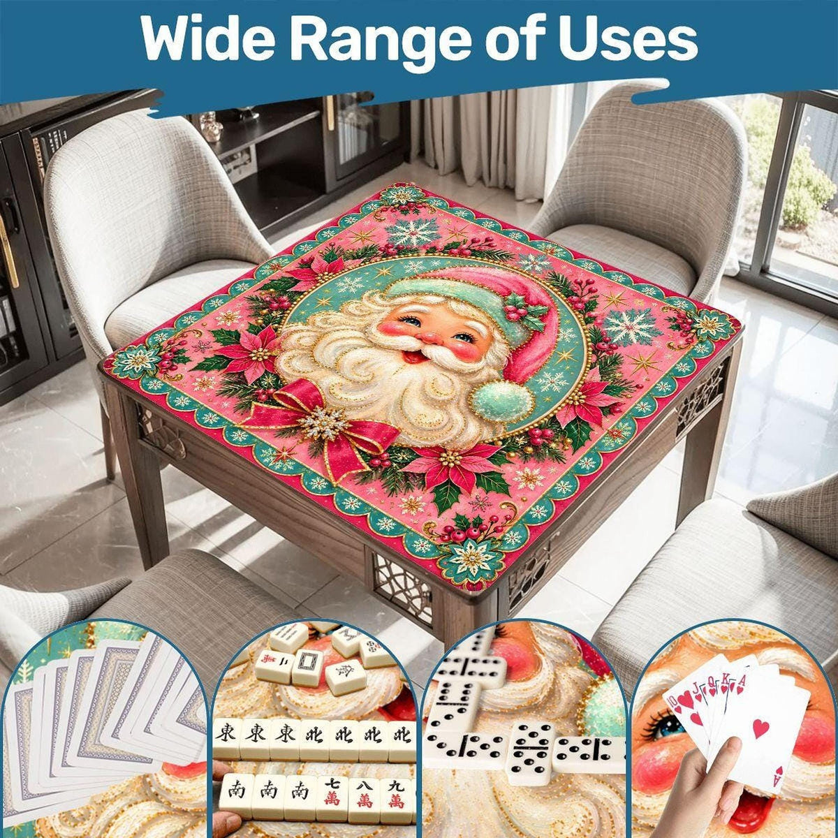 Santa Mahjong Mat, Pink Christmas Design with Non-Slip Rubber Backing
