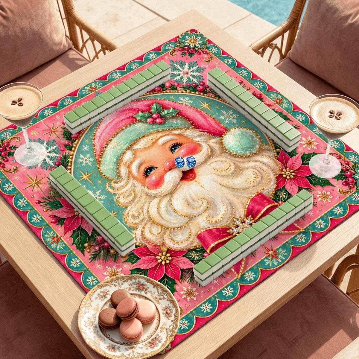 Santa Mahjong Mat, Pink Christmas Design with Non-Slip Rubber Backing