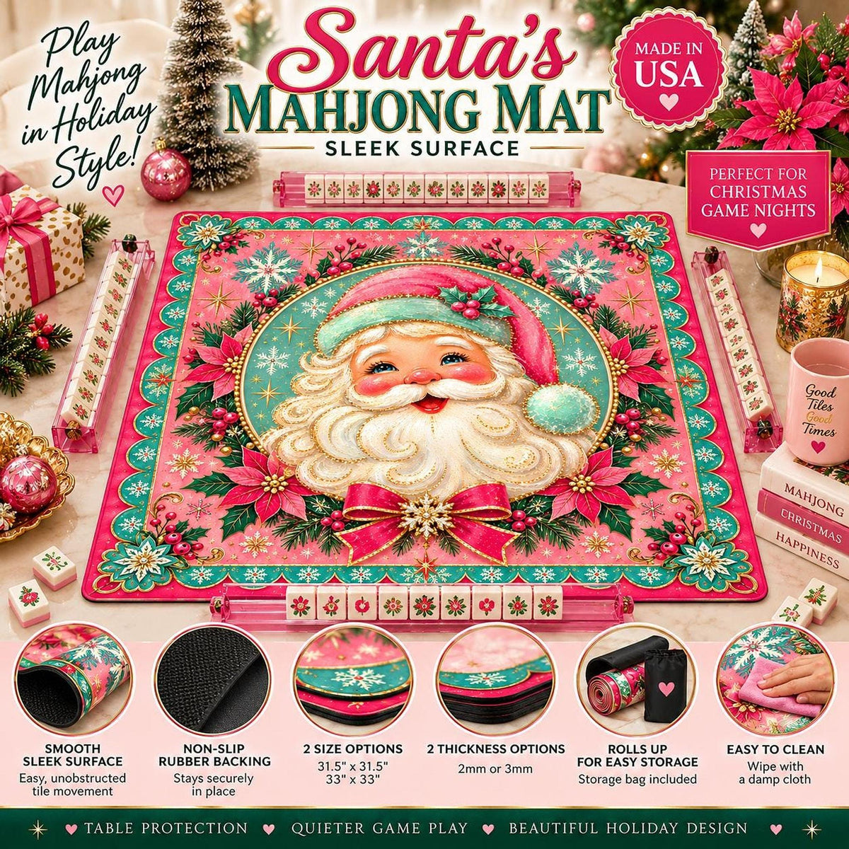 Santa Mahjong Mat, Pink Christmas Design with Non-Slip Rubber Backing