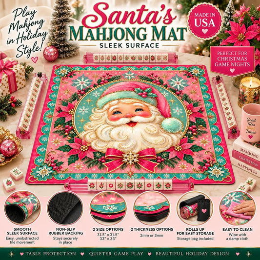 Santa Mahjong Mat, Pink Christmas Design with Non-Slip Rubber Backing