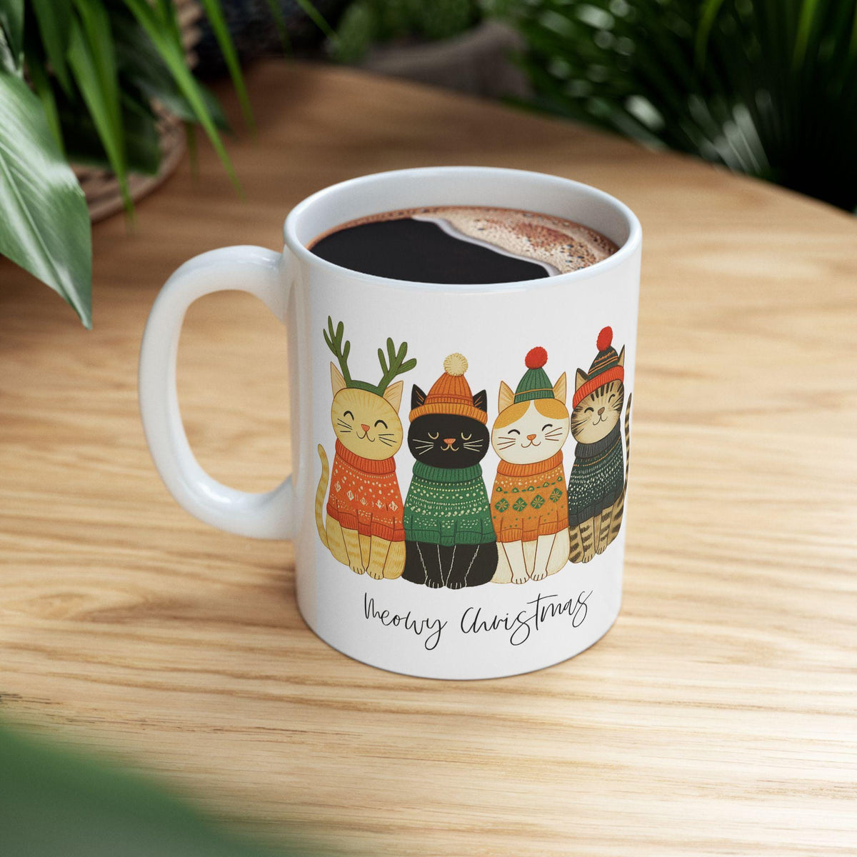 Ceramic Cat Mug, Christmas Holiday Tea Cup in 11oz or 15oz Sizes