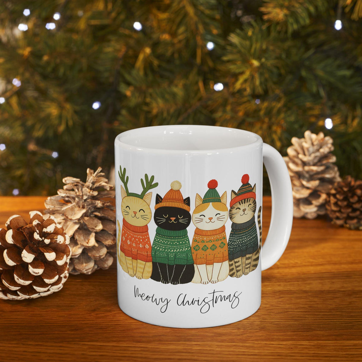 Ceramic Cat Mug, Christmas Holiday Tea Cup in 11oz or 15oz Sizes