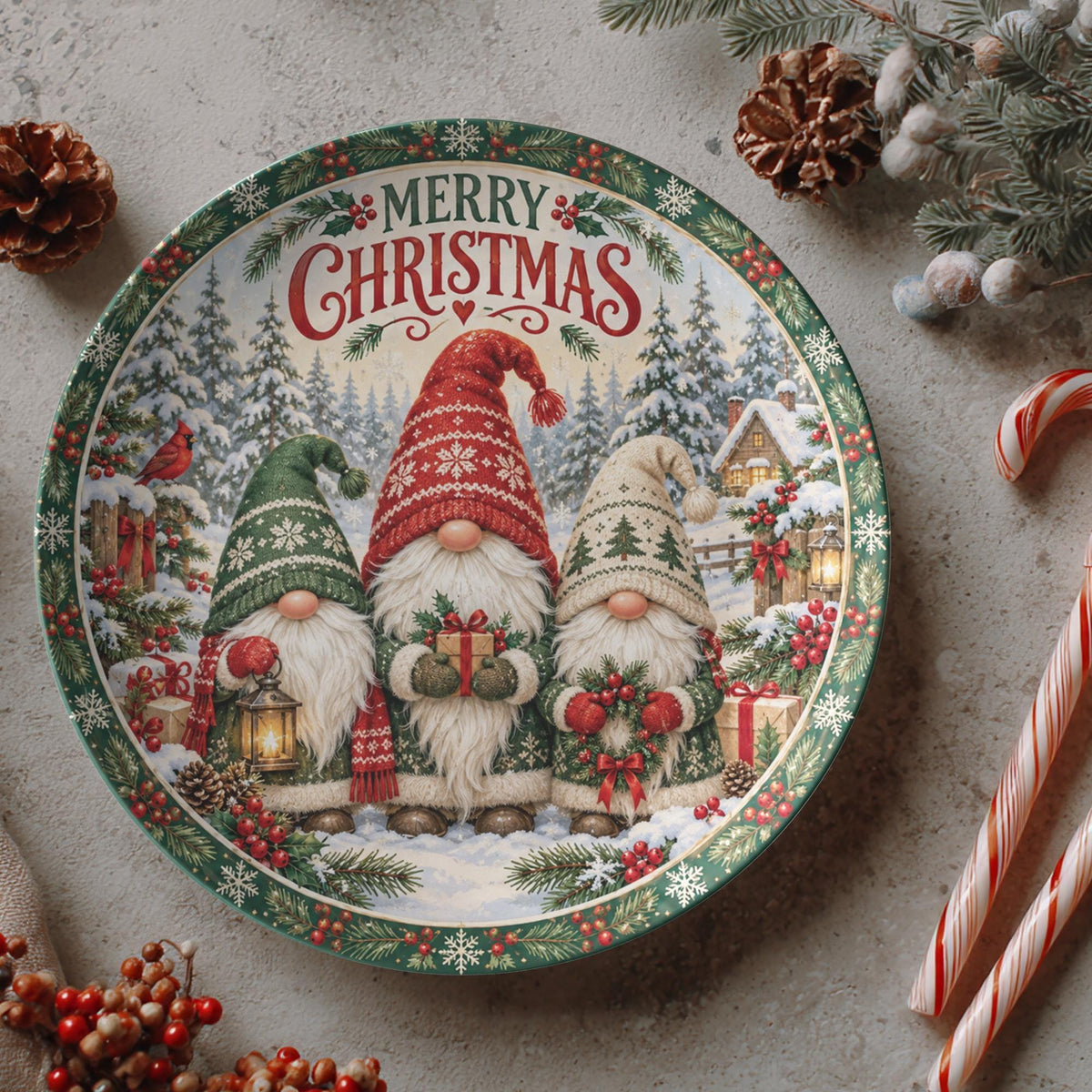 Christmas Gnome Plate, 10-Inch Polymer Dinnerware, Microwave And Dishwasher Safe