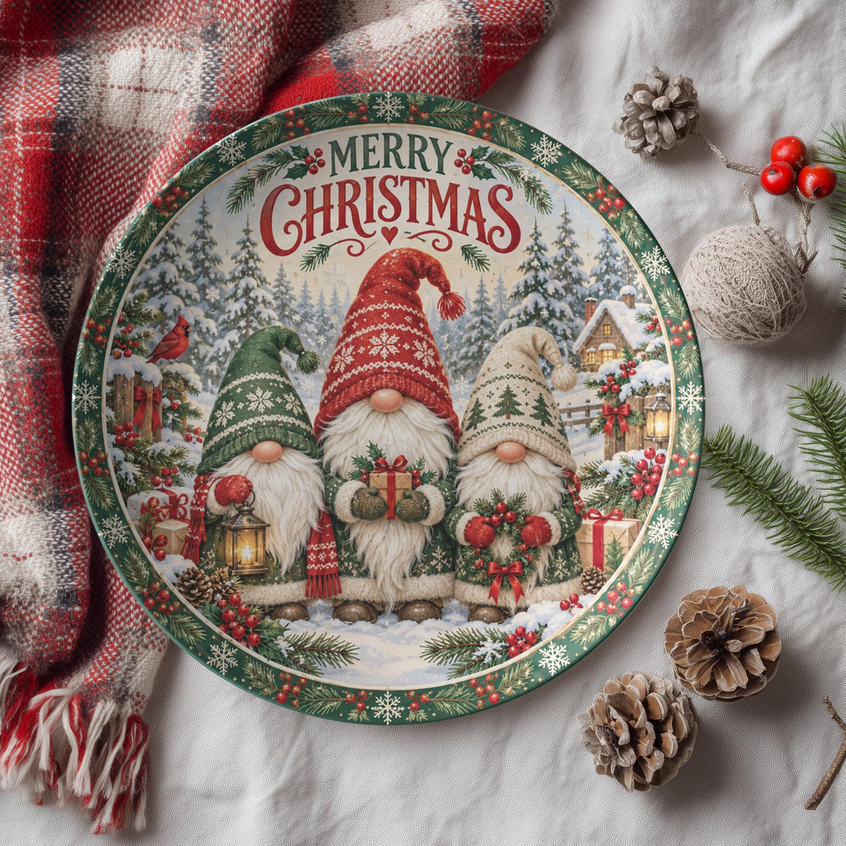 Christmas Gnome Plate, 10-Inch Polymer Dinnerware, Microwave And Dishwasher Safe