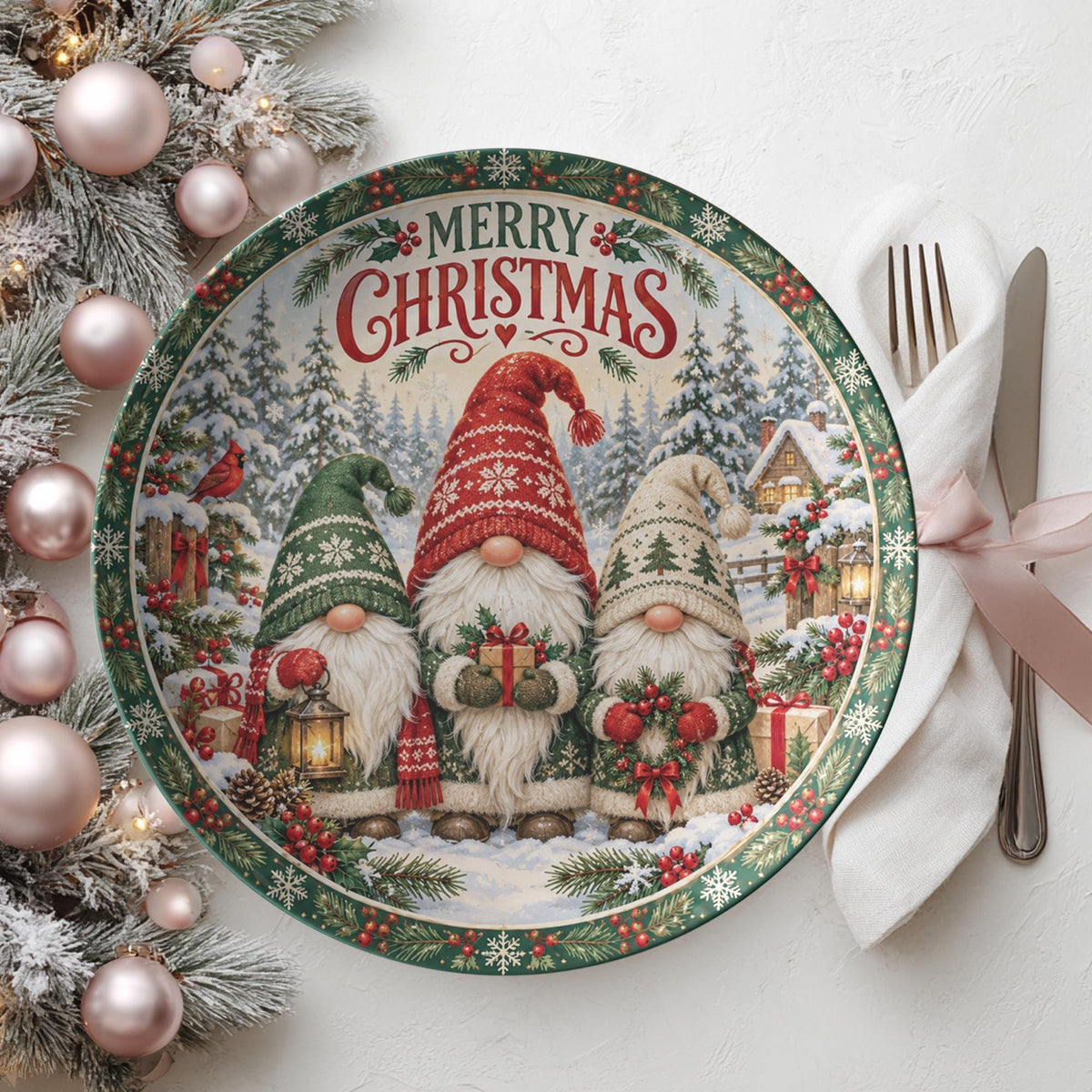 Christmas Gnome Plate, 10-Inch Polymer Dinnerware, Microwave And Dishwasher Safe