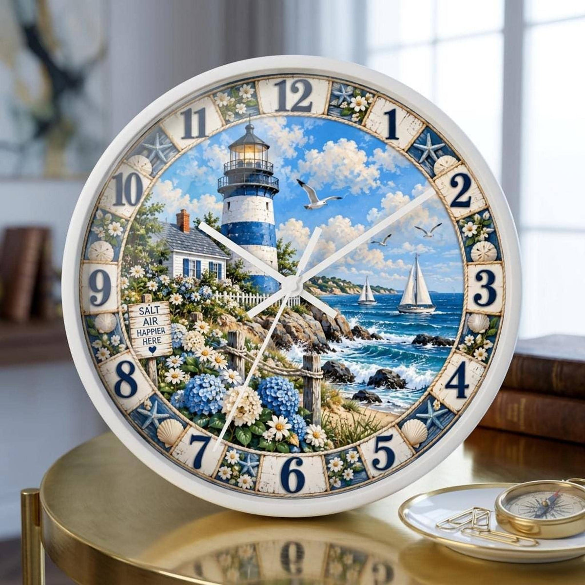 Lighthouse Clock, Coastal Wall with Silent Movement and Wood Frame