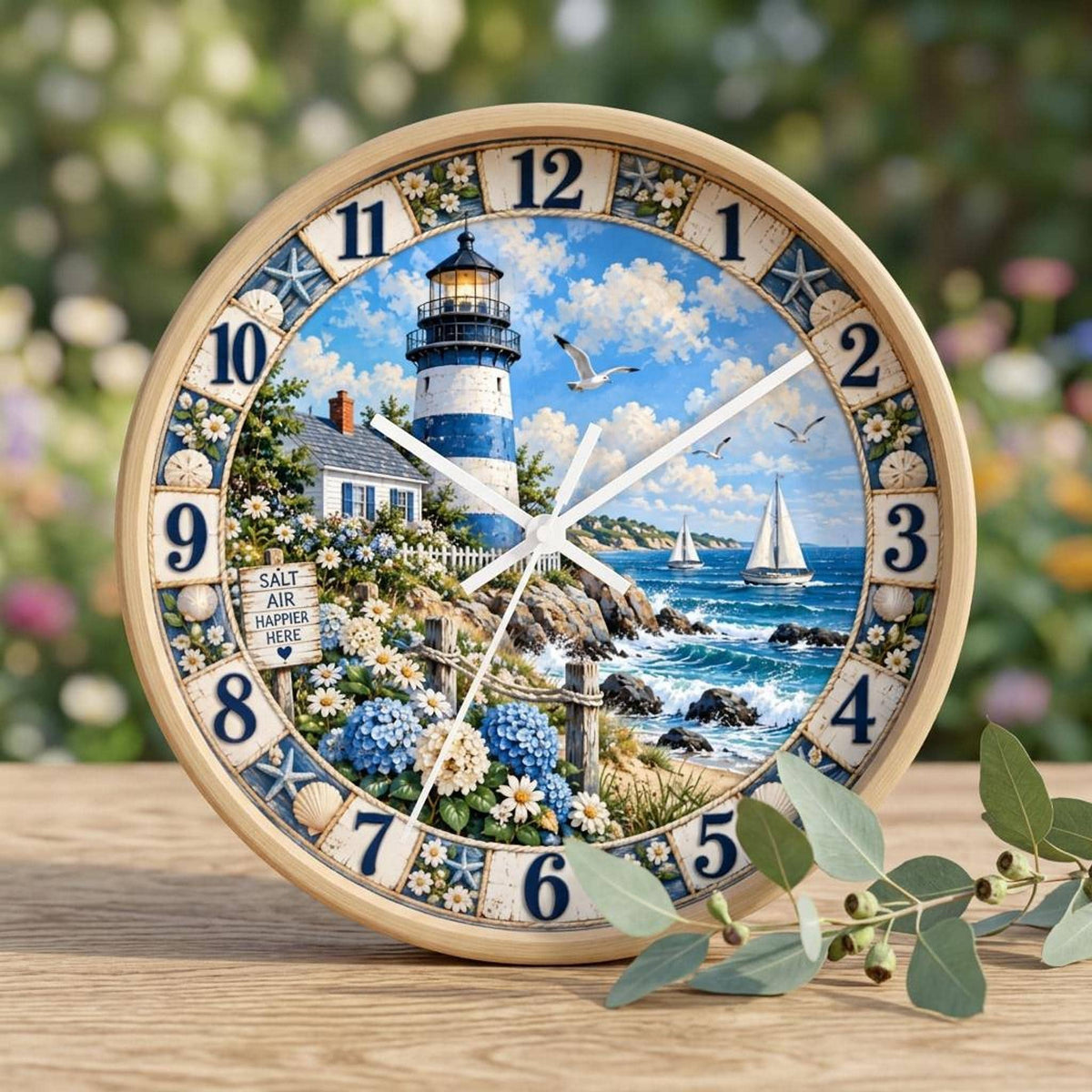 Lighthouse Clock, Coastal Wall with Silent Movement and Wood Frame