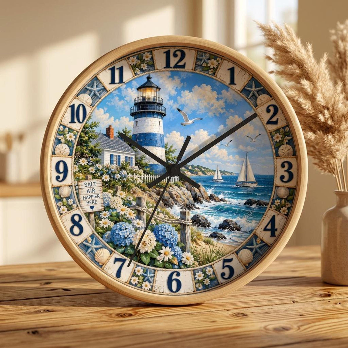 Lighthouse Clock, Coastal Wall with Silent Movement and Wood Frame