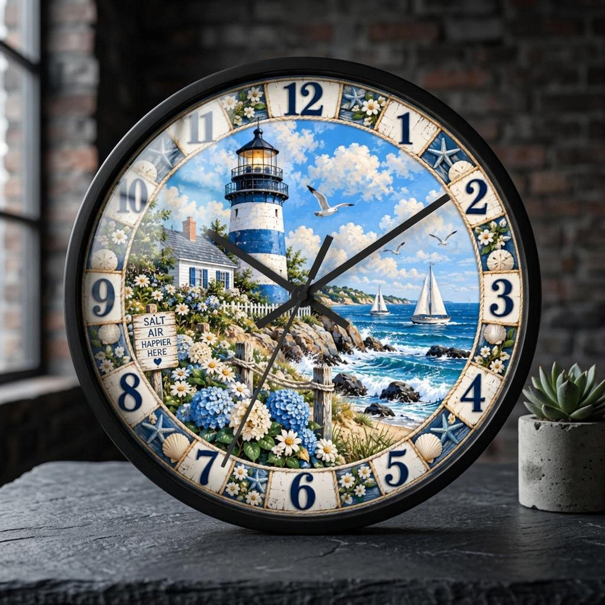 Lighthouse Clock, Coastal Wall with Silent Movement and Wood Frame