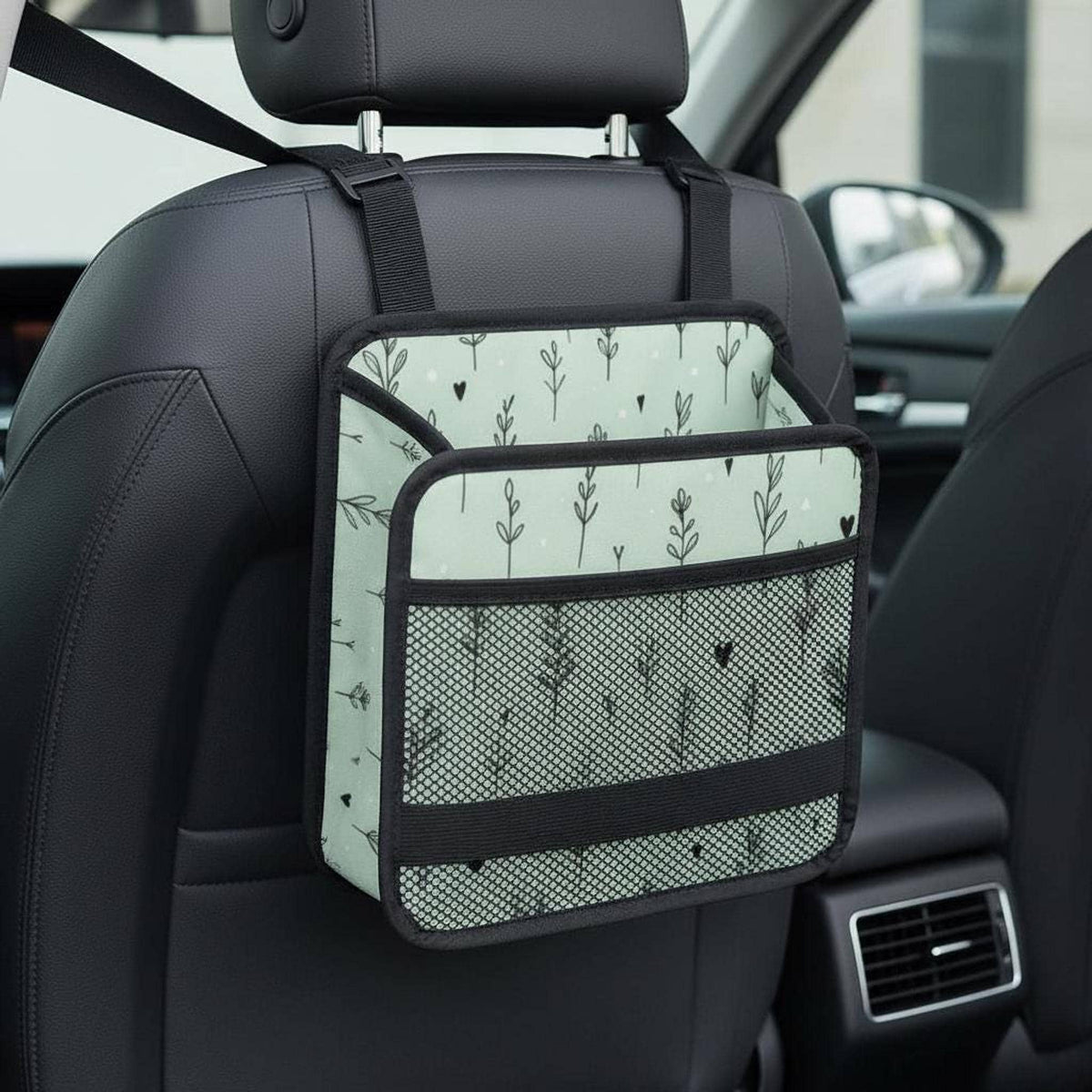 Green Floral Car Seat Organizer, Durable PU Storage Bag for Kids and Travel