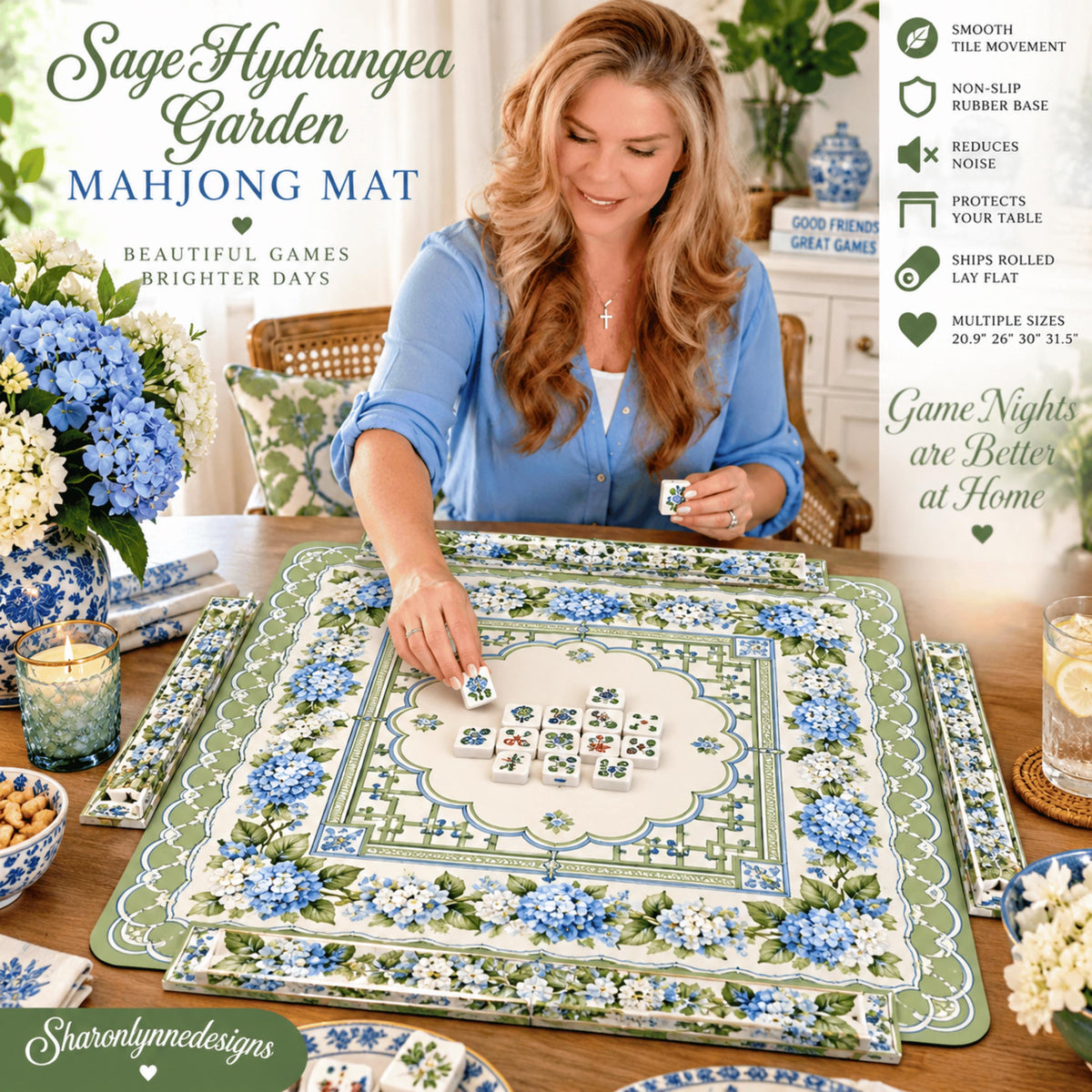 Sage Hydrangea Mahjong Mat, Polyester Surface with Non-Slip Rubber Backing