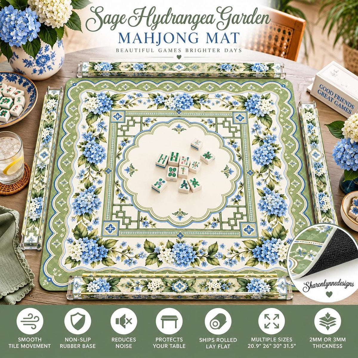 Sage Hydrangea Mahjong Mat, Polyester Surface with Non-Slip Rubber Backing