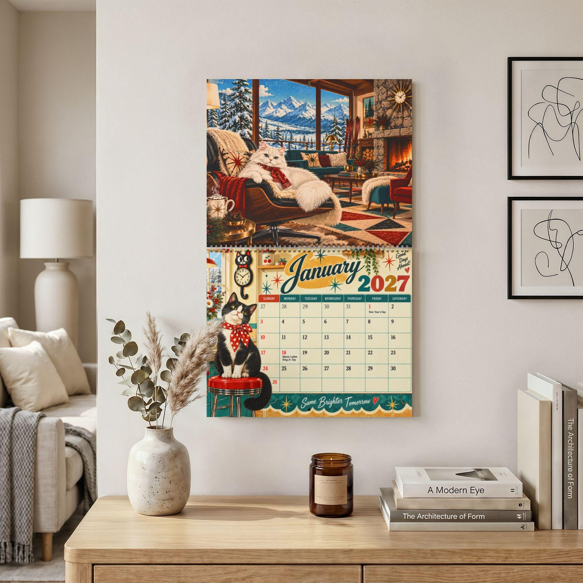 2027 Cat Wall Calendar, Retro Monthly Planner with Writable Matte Grid