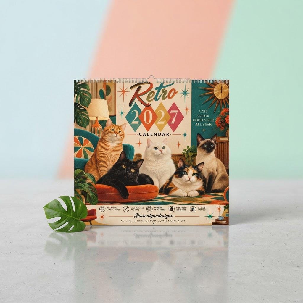 2027 Cat Wall Calendar, Retro Monthly Planner with Writable Matte Grid