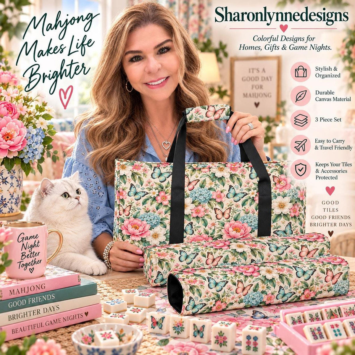 Butterfly Floral Mahjong Bag Set, 3-Piece Canvas Storage Organizer