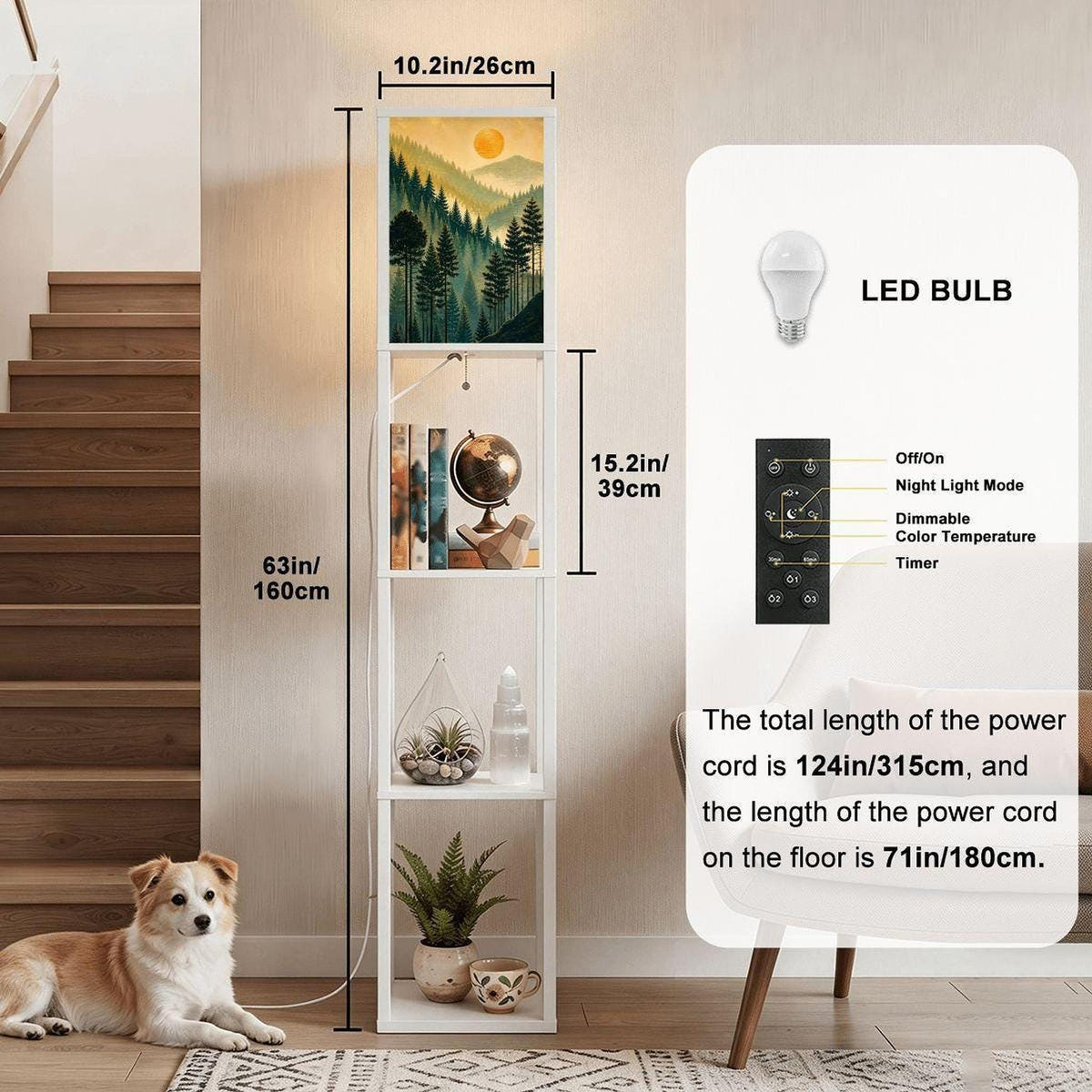 Shelf Floor Lamp, White Wooden LED Light with Three Display Shelves