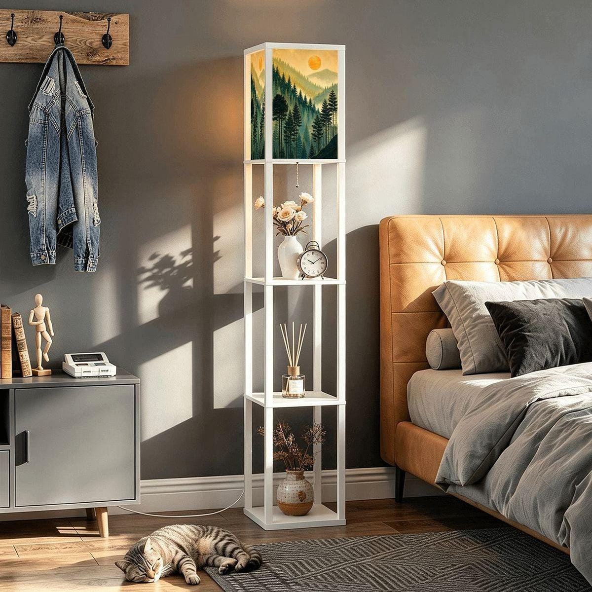 Shelf Floor Lamp, White Wooden LED Light with Three Display Shelves